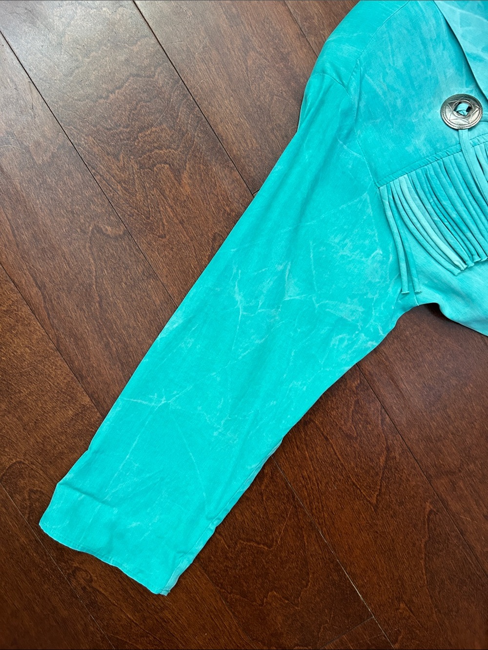 Vintage 80s Rabbit Rabbit Rabbit Turquoise Jumpsuit with Fringe & Conchos, Small - Picture 11 of 16